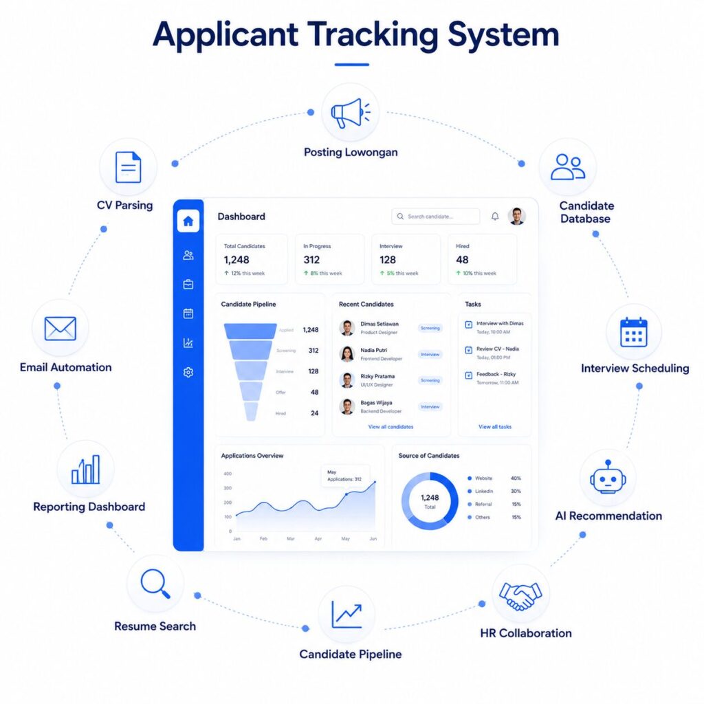 Infografik fitur utama Applicant Tracking System (ATS) yang mencakup posting lowongan, CV parsing, candidate database, email automation, interview scheduling, AI recommendation, dan reporting dashboard.