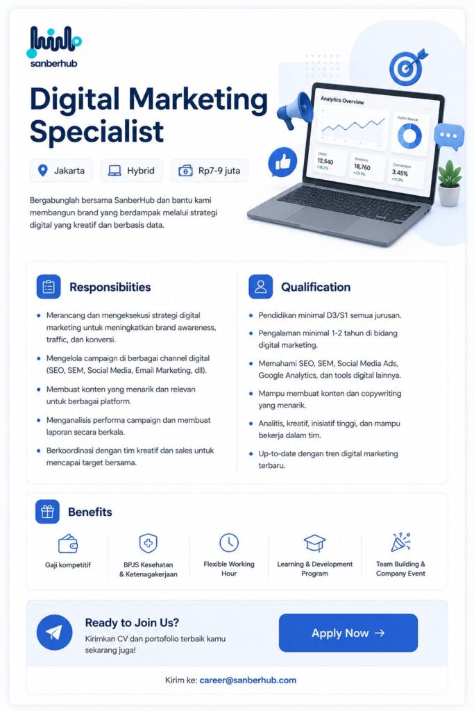 Contoh Job Description Digital Marketing Specialist lengkap dengan tanggung jawab, kualifikasi, benefit, lokasi kerja, dan informasi cara melamar. Template lowongan kerja Digital Marketing Specialist berisi responsibilities, qualifications, benefits, dan cara melamar.