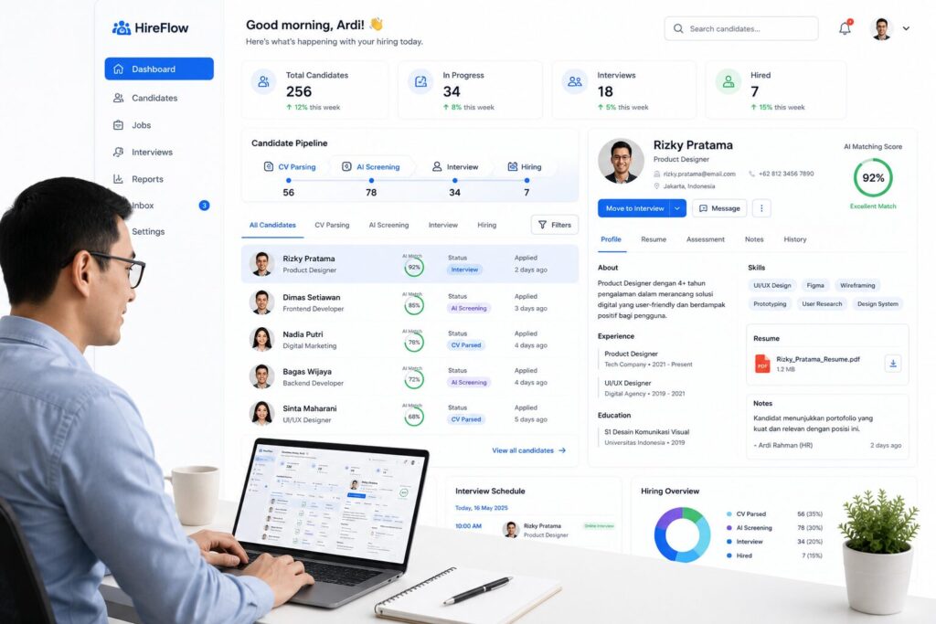 Dashboard Applicant Tracking System (ATS) yang membantu HR mengelola proses rekrutmen dan screening kandidat.