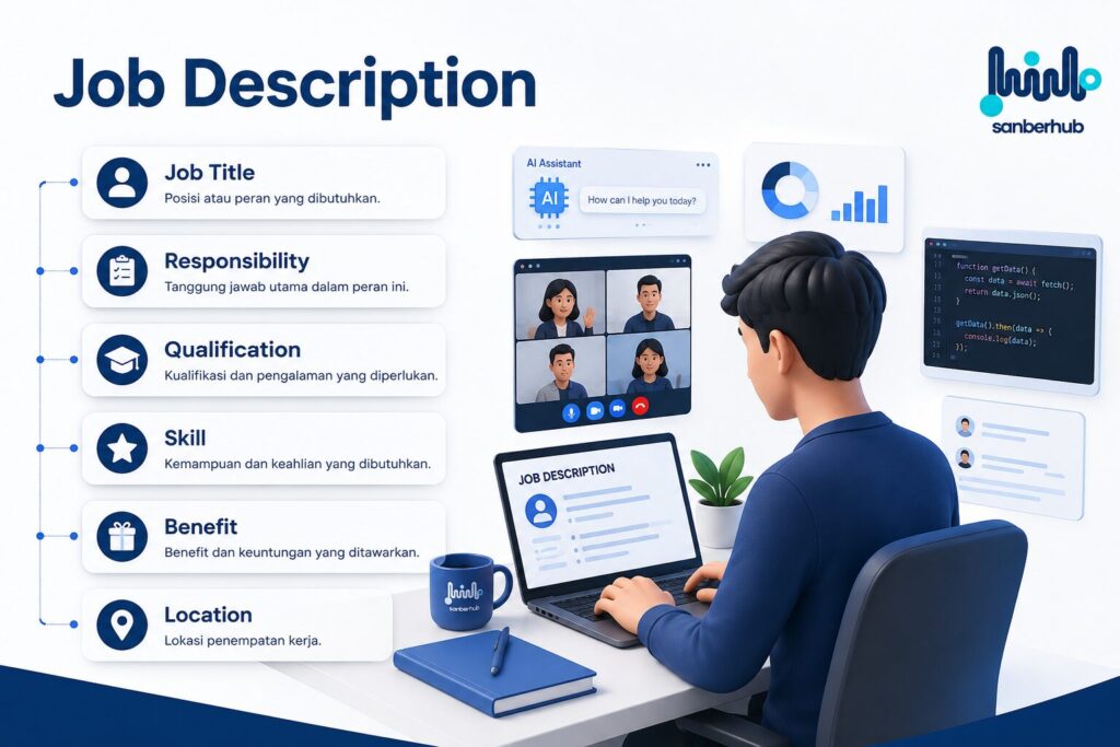Ilustrasi struktur Job Description yang terdiri dari job title, responsibility, qualification, skill, benefit, dan location. Template Job Description berisi job title, responsibility, qualification, skill, benefit, dan lokasi kerja.