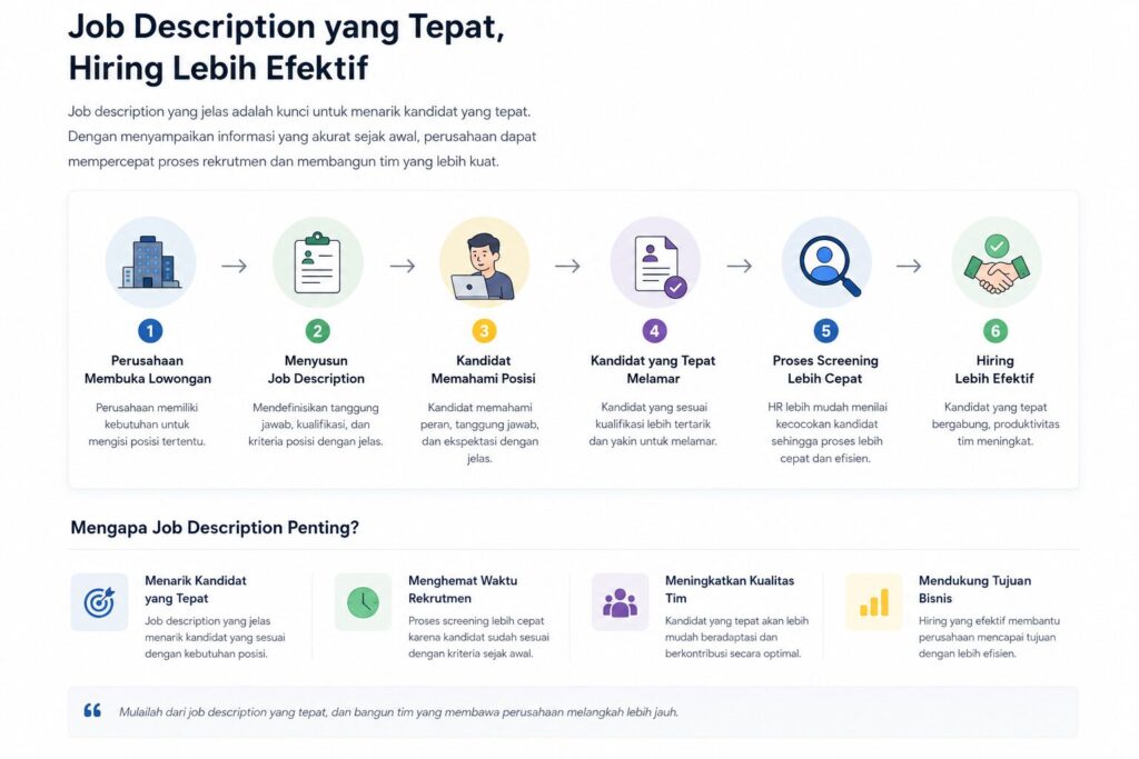 Ilustrasi proses rekrutmen dengan Job Description yang membantu perusahaan menarik kandidat berkualitas hingga proses hiring. Infografik proses hiring yang menunjukkan peran Job Description dalam menarik kandidat yang tepat.