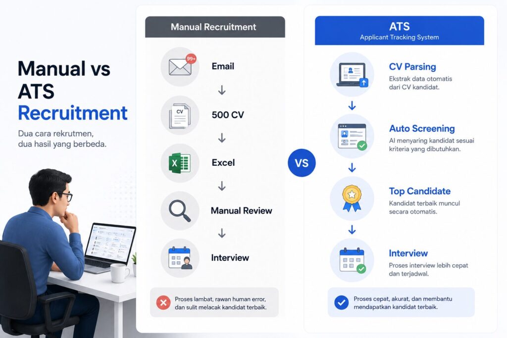 Infografik perbandingan proses rekrutmen manual dan Applicant Tracking System (ATS), mulai dari screening CV hingga proses interview.