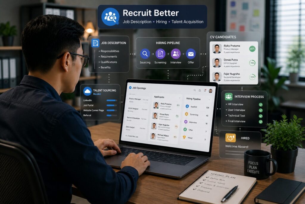HR menyusun job description untuk proses rekrutmen dan menarik kandidat berkualitas. Dashboard rekrutmen yang menampilkan job description, kandidat, dan tahapan proses hiring.