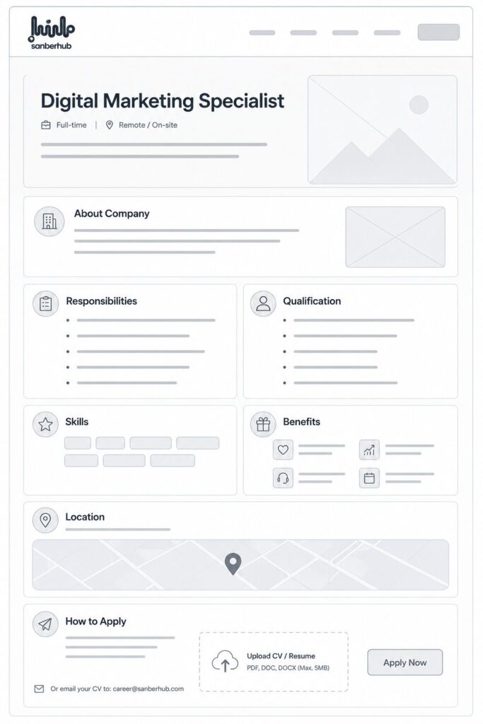 Contoh Job Description Digital Marketing Specialist yang menampilkan tanggung jawab, kualifikasi, skill, benefit, lokasi, dan cara melamar. Template Job Description lengkap untuk posisi Digital Marketing Specialist sebagai referensi membuat lowongan kerja profesional.