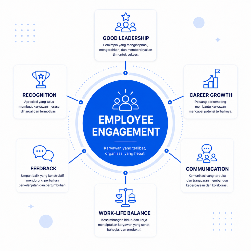 Infografik faktor yang meningkatkan employee engagement melalui leadership, recognition, career growth, communication, feedback, dan work-life balance.