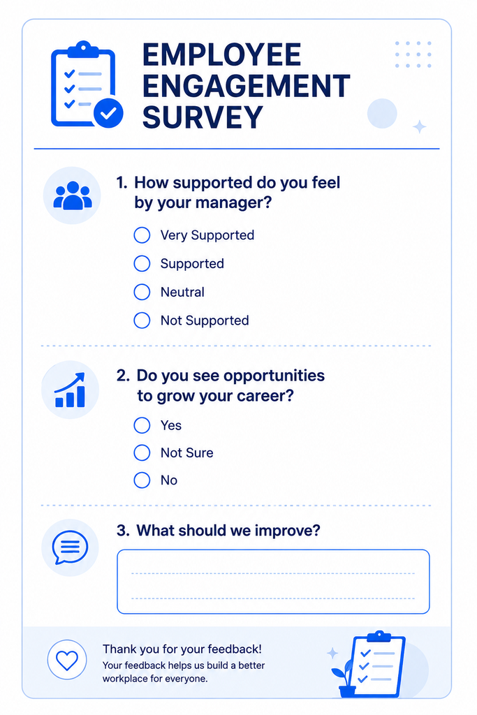 Contoh employee engagement survey untuk mengukur dukungan manager, peluang karier, dan pengalaman karyawan di perusahaan.