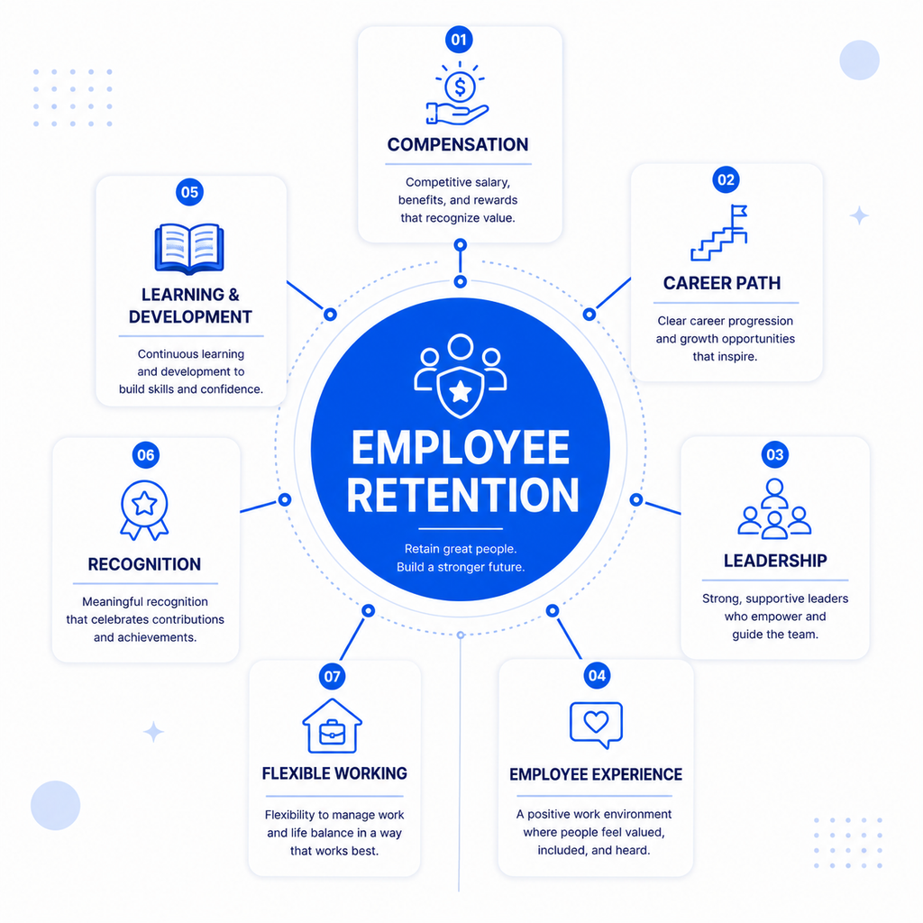 Infografik strategi employee retention melalui competitive compensation, career path, learning and development, leadership, recognition, employee experience, dan flexible working.