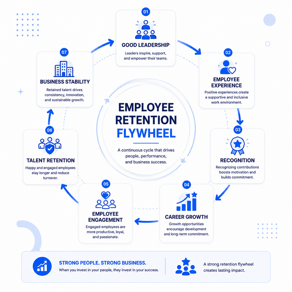 Diagram employee retention yang menunjukkan hubungan leadership, employee experience, recognition, career growth, engagement, dan talent retention.