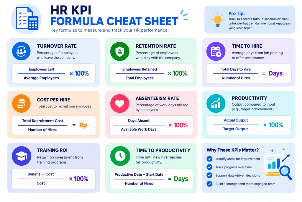 Infografik formula KPI HR untuk menghitung turnover rate, cost per hire, absenteeism rate, dan training ROI.