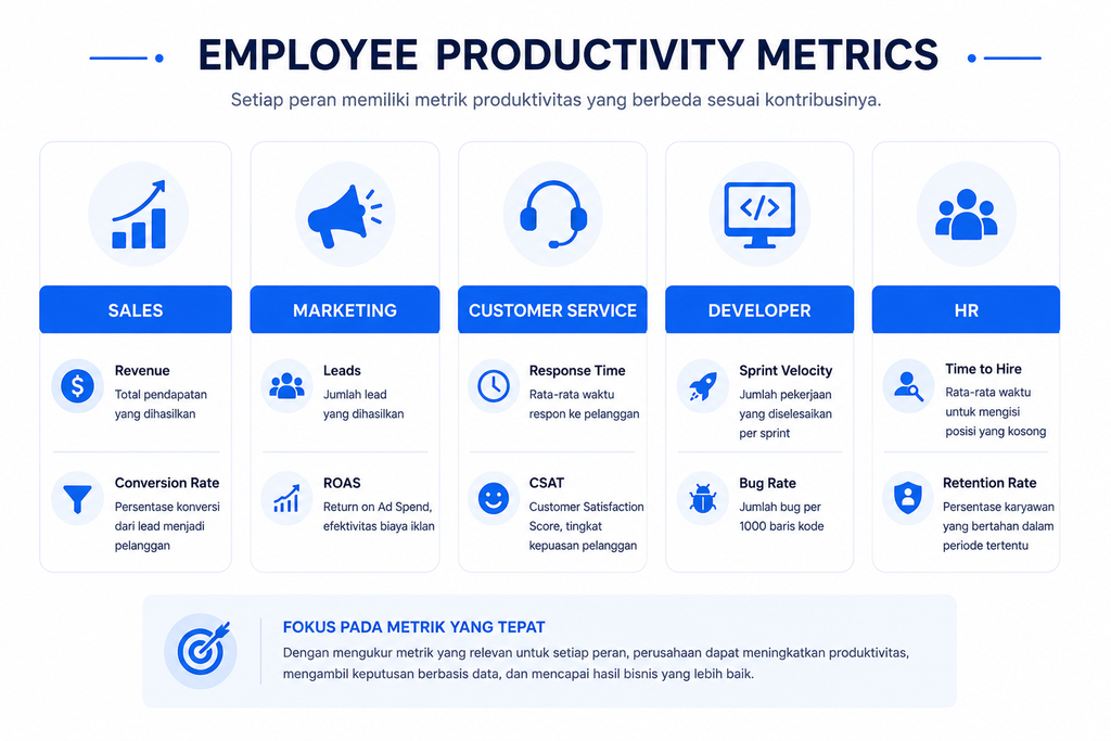 Infografik KPI produktivitas berdasarkan posisi sales, marketing, customer service, developer, dan HR.