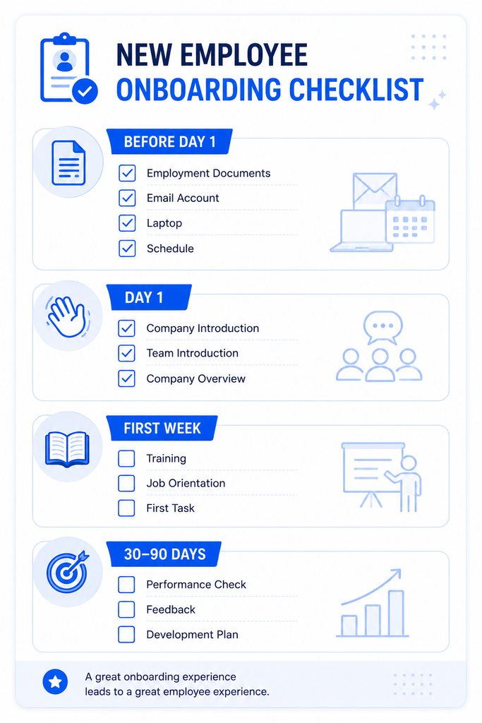 Checklist onboarding karyawan baru yang mencakup dokumen, akun kerja, training, orientasi pekerjaan, performance check, feedback, dan development plan.